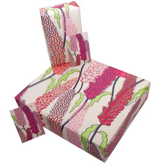 Recycled Wrapping Paper with Tag - Pink Foliage