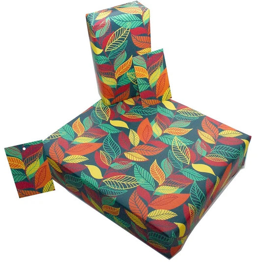 Recycled Wrapping Paper with Tag - Autumn Leaves