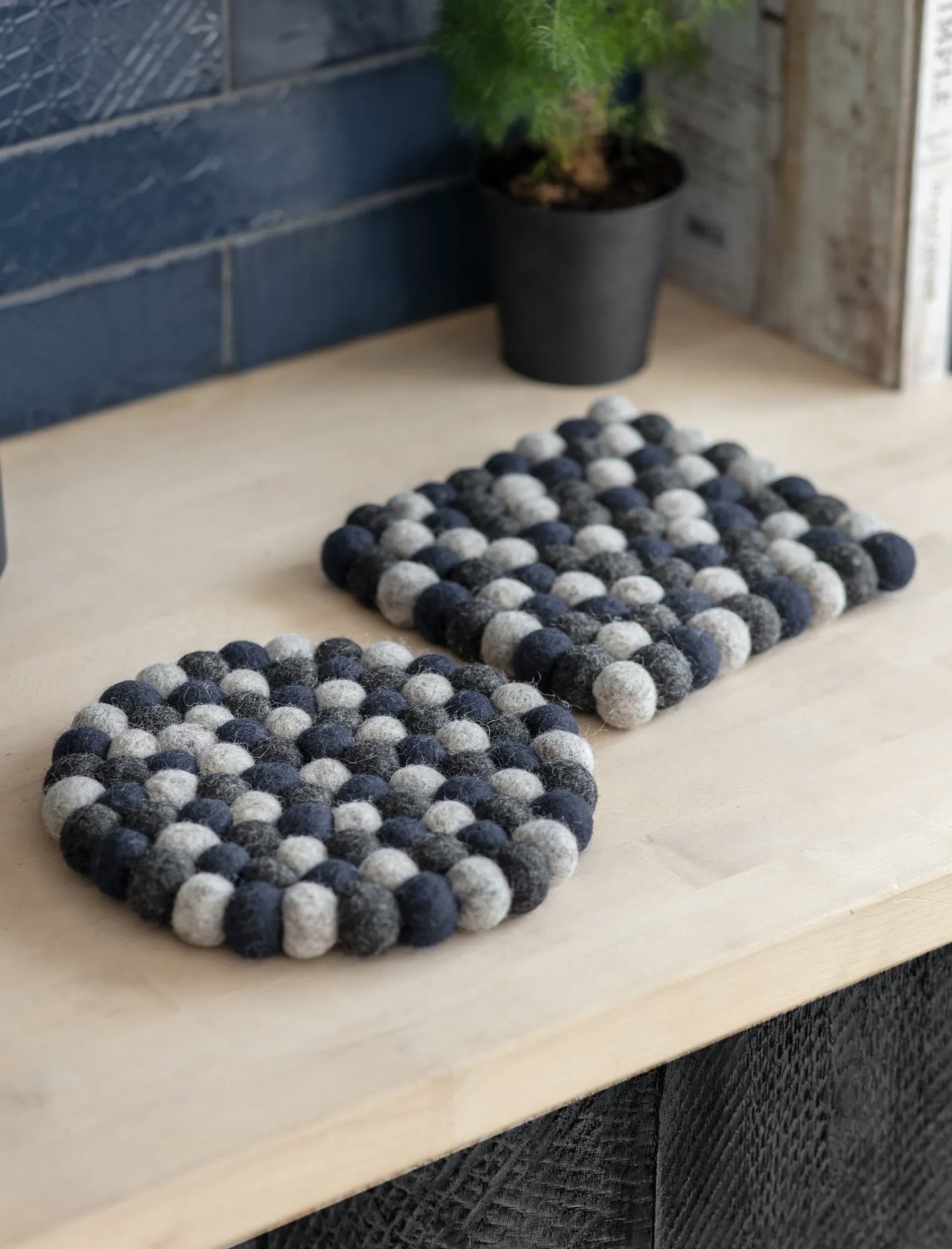 Handmade Round Fairtrade Felt Trivet Ink both shapes