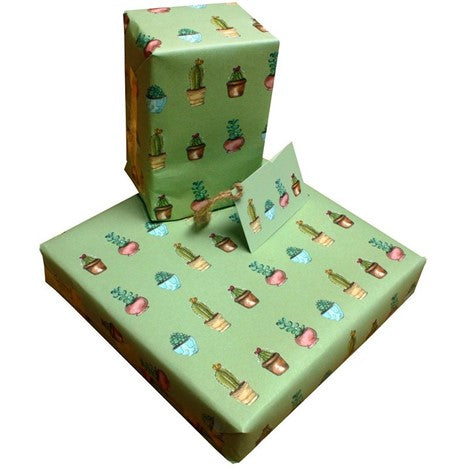 Recycled Wrapping Paper with Gift Tag - Green Cactus