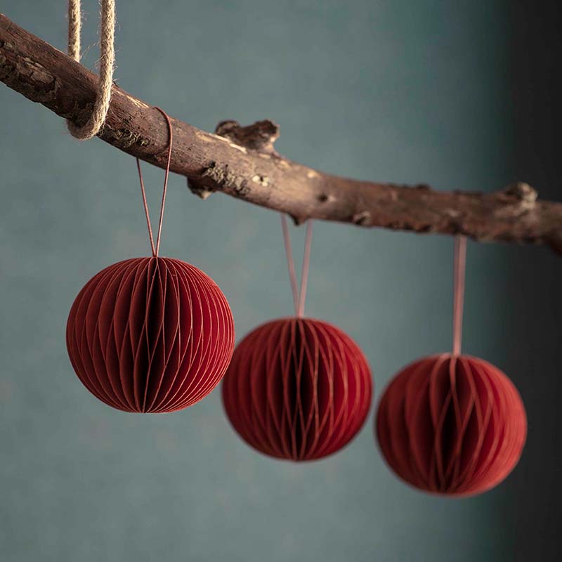 Set of 3 Cotton Paper Christmas Baubles Brick Red