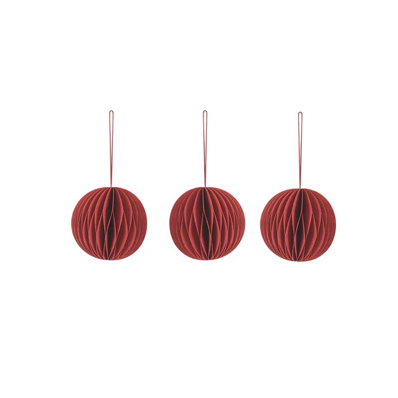 Set of 3 Cotton Paper Christmas Baubles Brick Red white background