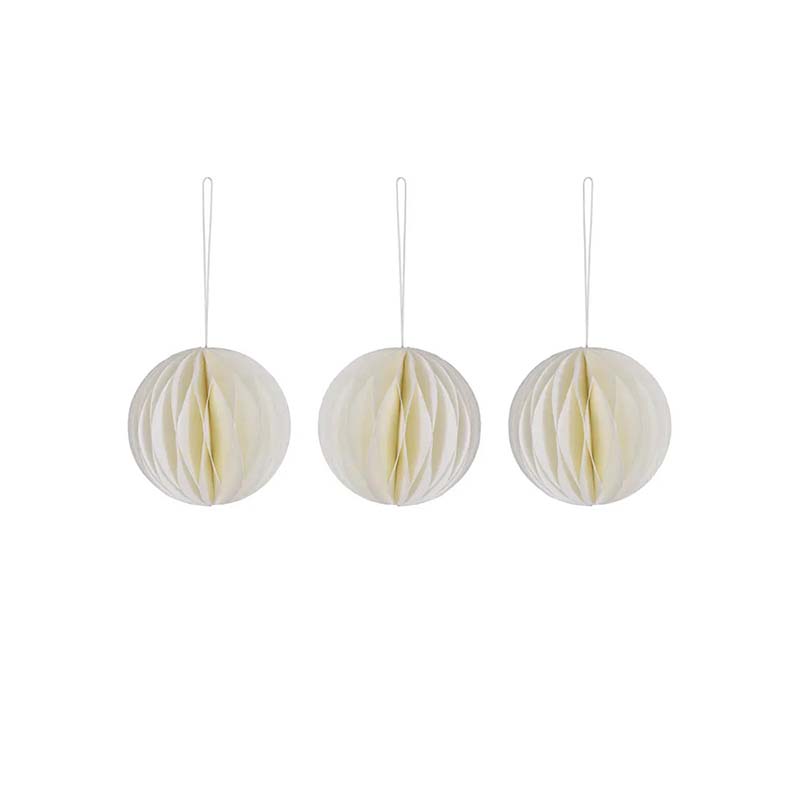 Set of 3 Cotton Paper Christmas Baubles Warm White packshot