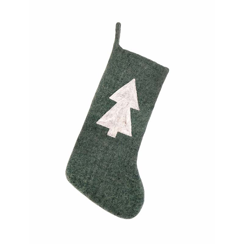 Fair Trade Felt Christmas Stocking Forest Green white backgrond