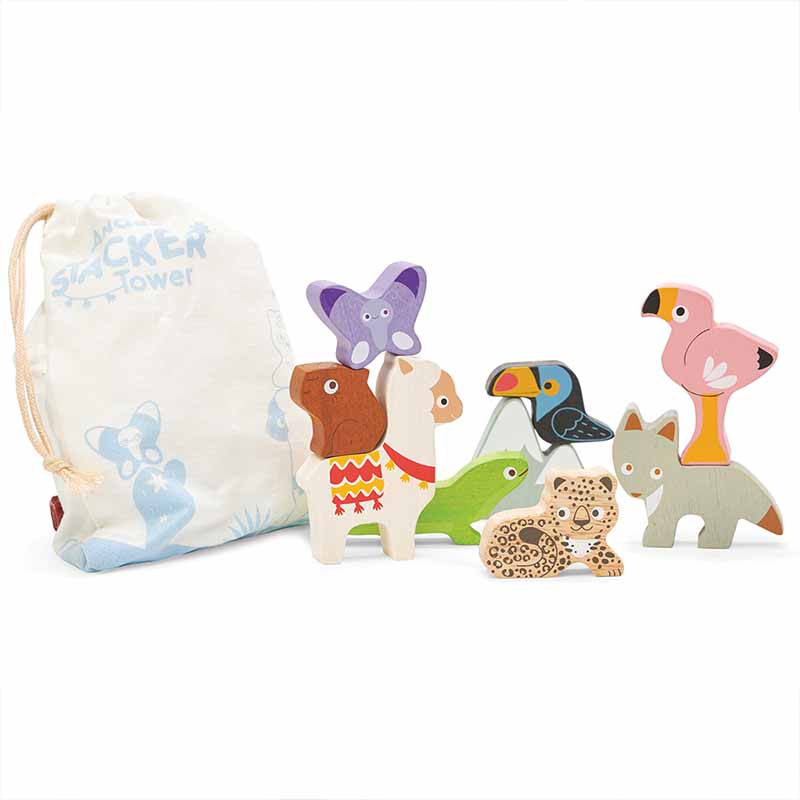 Wooden Andes Stacking Animals & Bag out of the bag