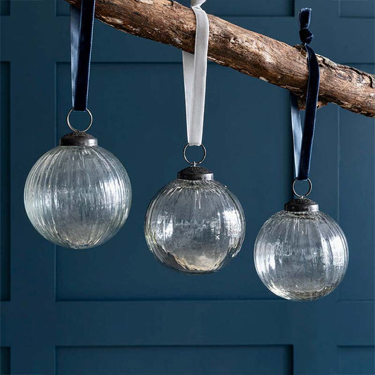 Set of 3 Recycled Glass Christmas Baubles Clear