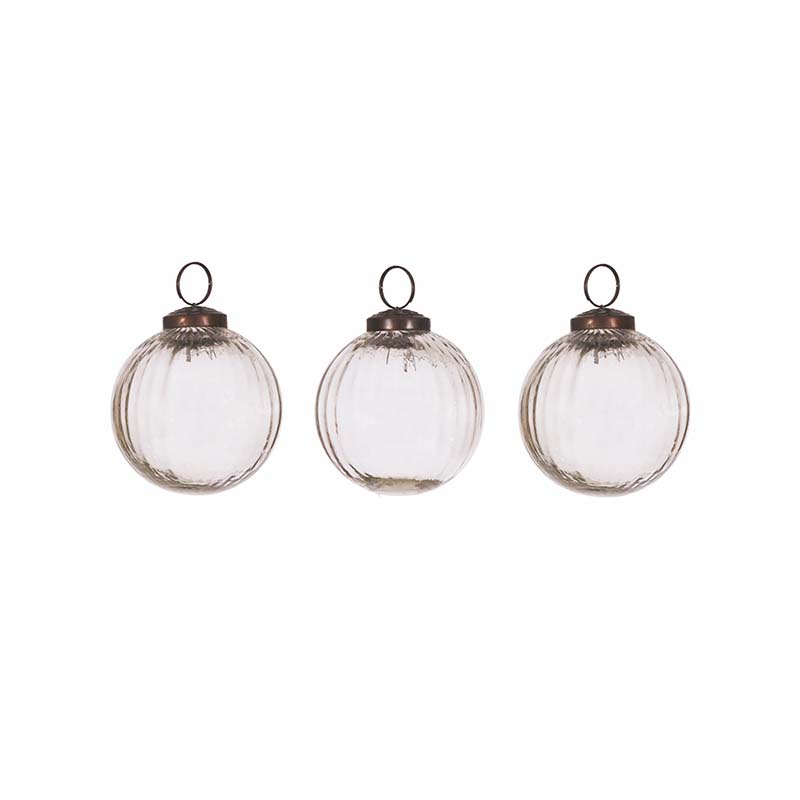 Set of 3 Recycled Glass Christmas Baubles Clear white background