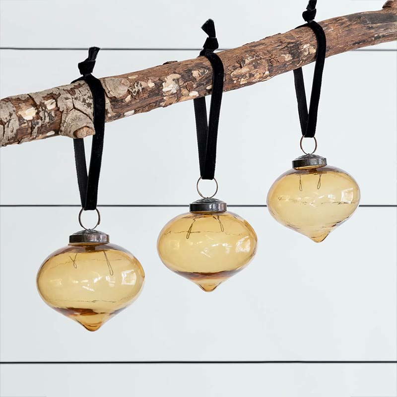 Set of 3 Recycled Glass Teardrop Christmas Baubles Amber
