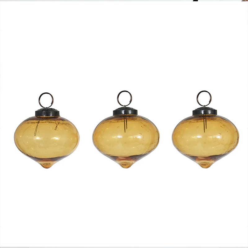 Set of 3 Recycled Glass Teardrop Christmas Baubles Amber white background