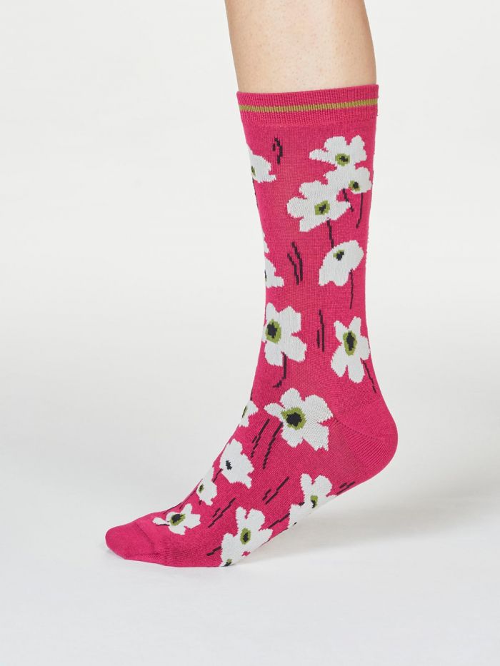 Magenta Pink Floral Socks Organic Cotton & Bamboo Ladies 4-7