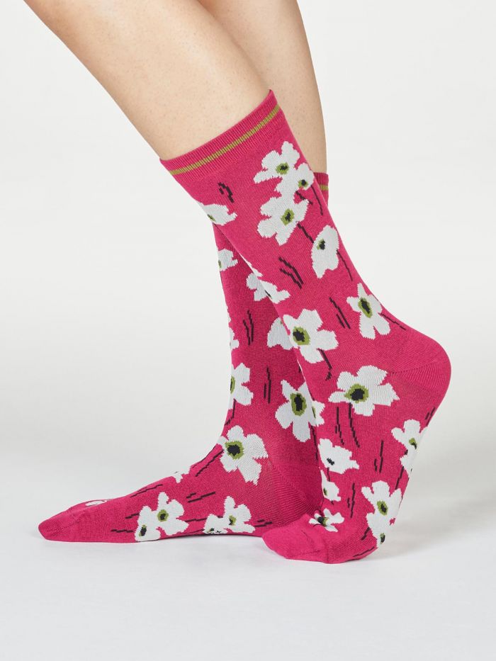 Magenta Pink Floral Socks Organic Cotton & Bamboo Pair