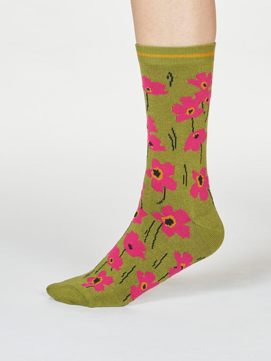 Olive Green Floral Socks Organic Cotton & Bamboo Ladies 4-7