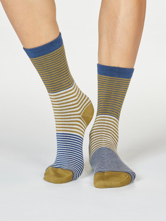 Bamboo & Organic Cotton Socks Stripes Blue Slate Ladies 4-7