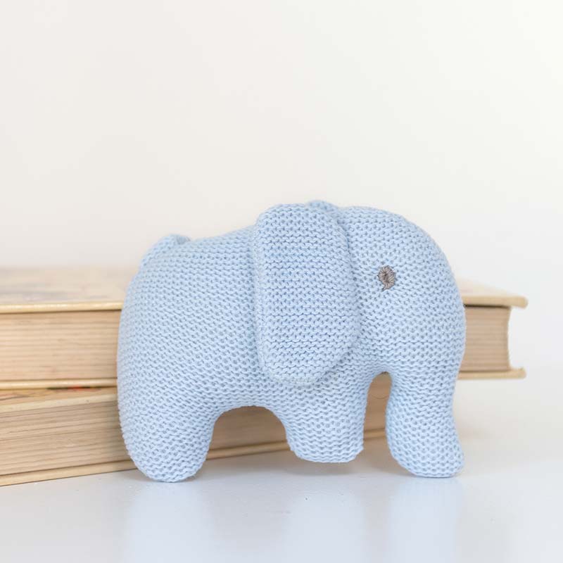 Blue Elephant Knitted Organic Cotton Baby Rattle