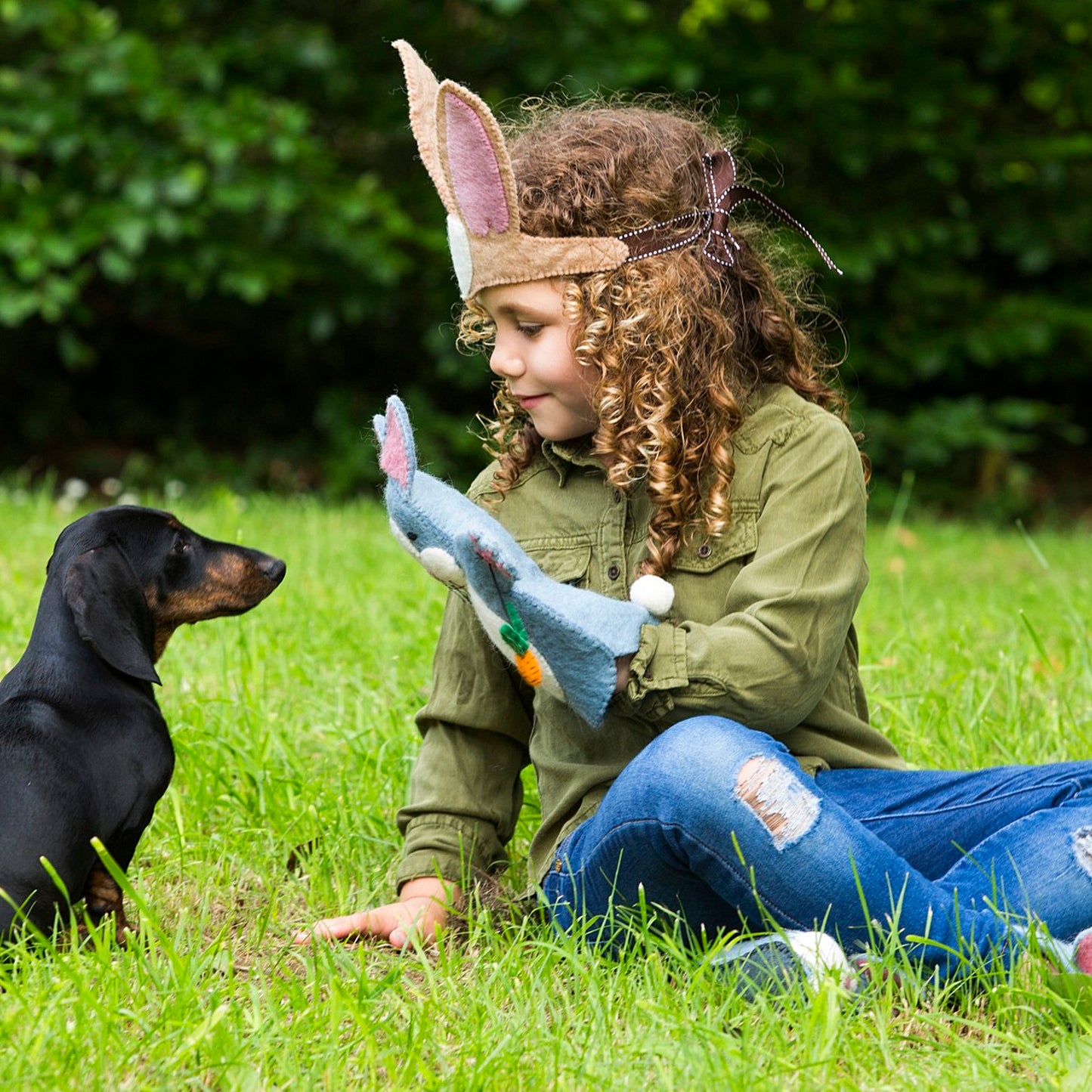 Handmade Bunny Dressing Up Set Organic Felt with dog