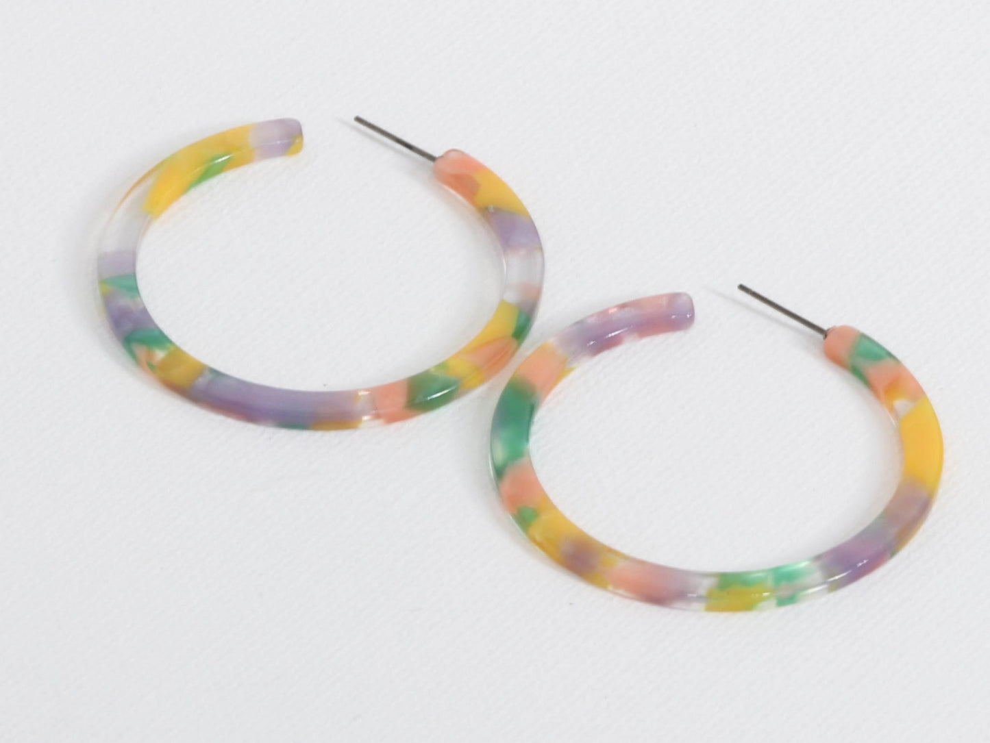 Recycled Resin Hoop Earrings Lilac Pink Green on white